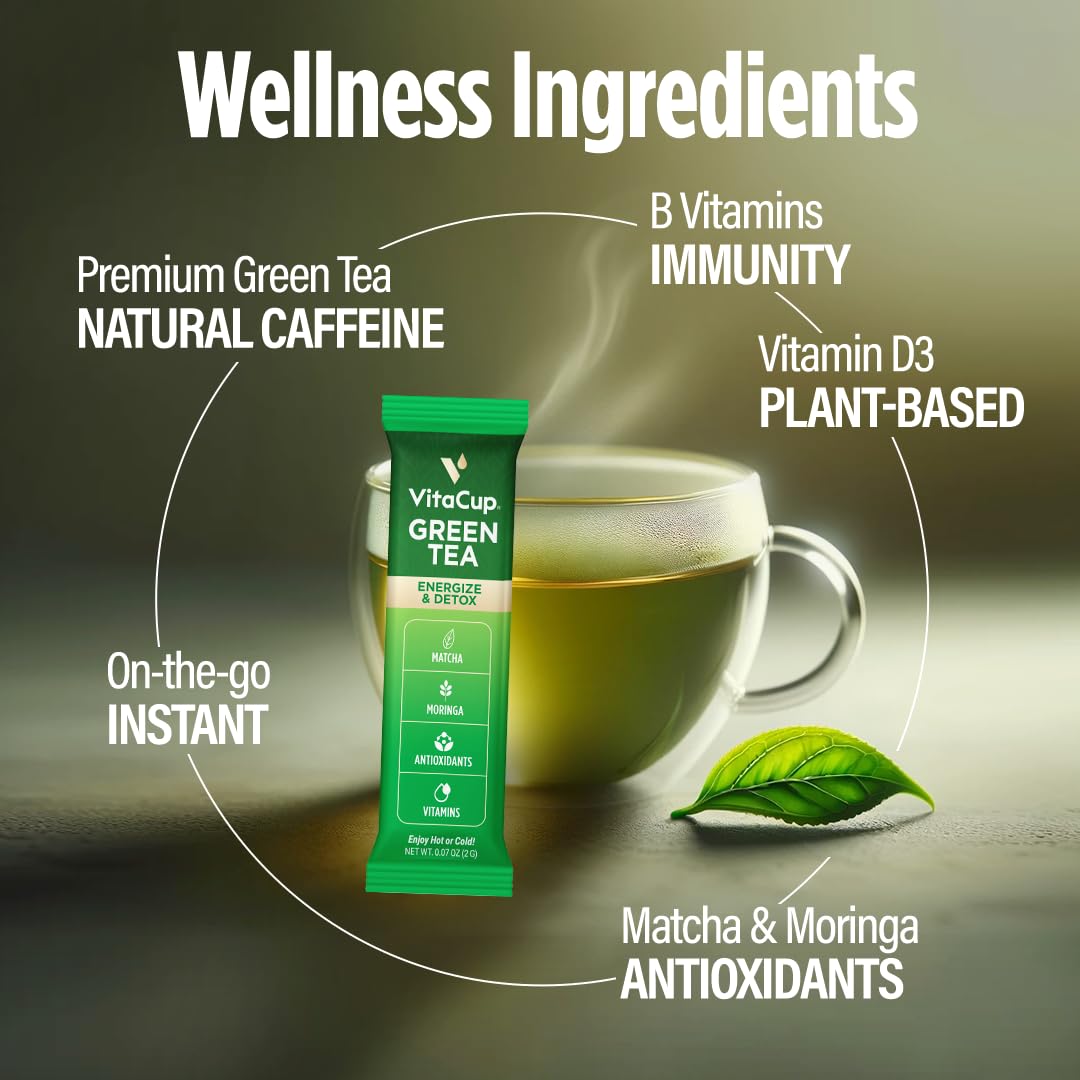 VitaCup Green Tea Instant Packets with Matcha, 16ct | B Vitamins, D3
