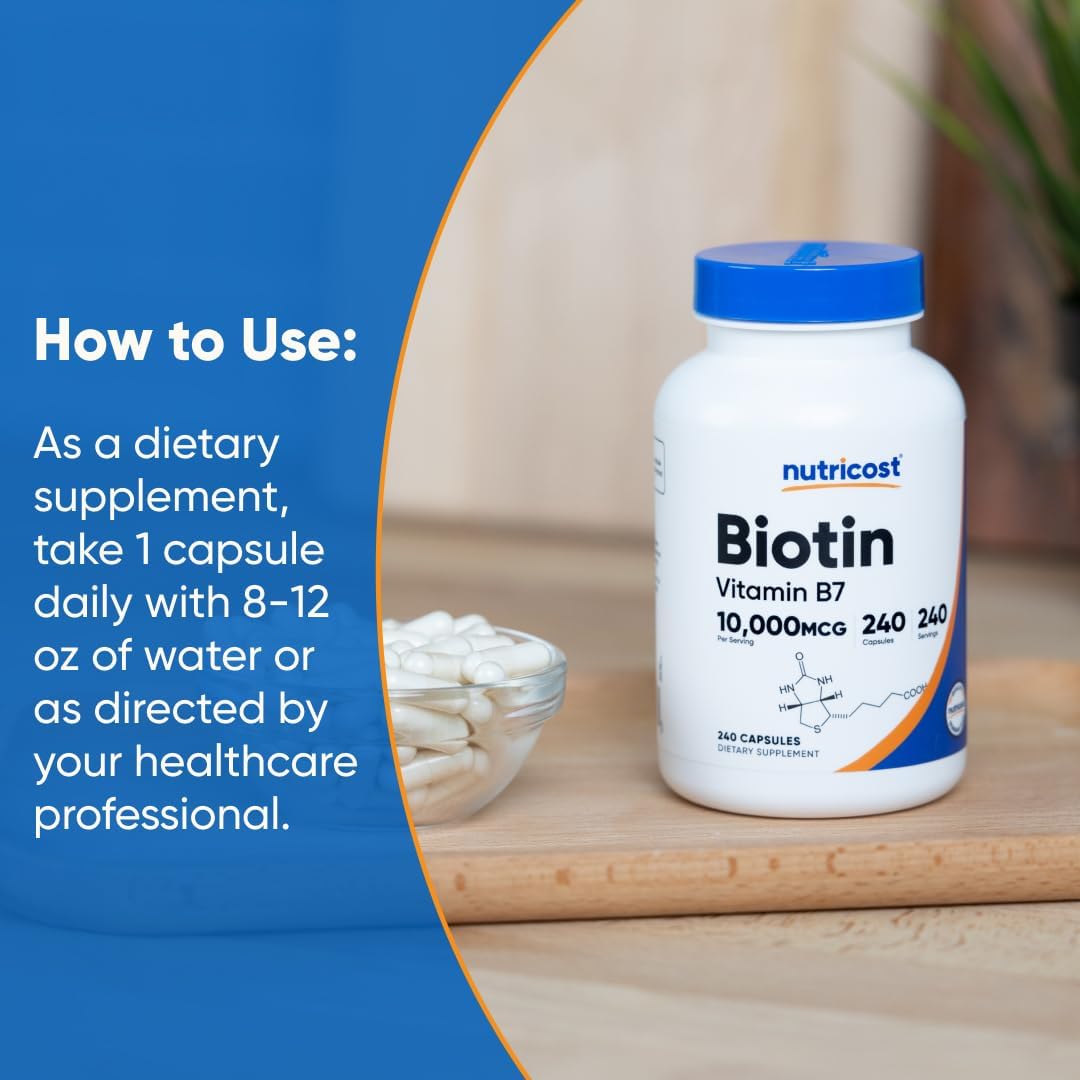Nutricost Biotin (Vitamin B7) 10,000mcg (10mg), 240 Capsules, Quick Release | Vegetarian, Gluten Free, GMO-Free