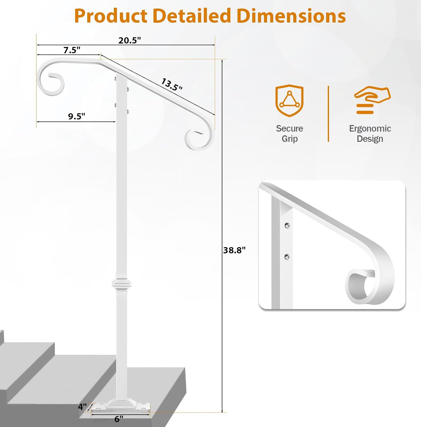 Wrought Iron Handrail 38.8" H, Single Post Handrail Fits 1 or 2 Steps