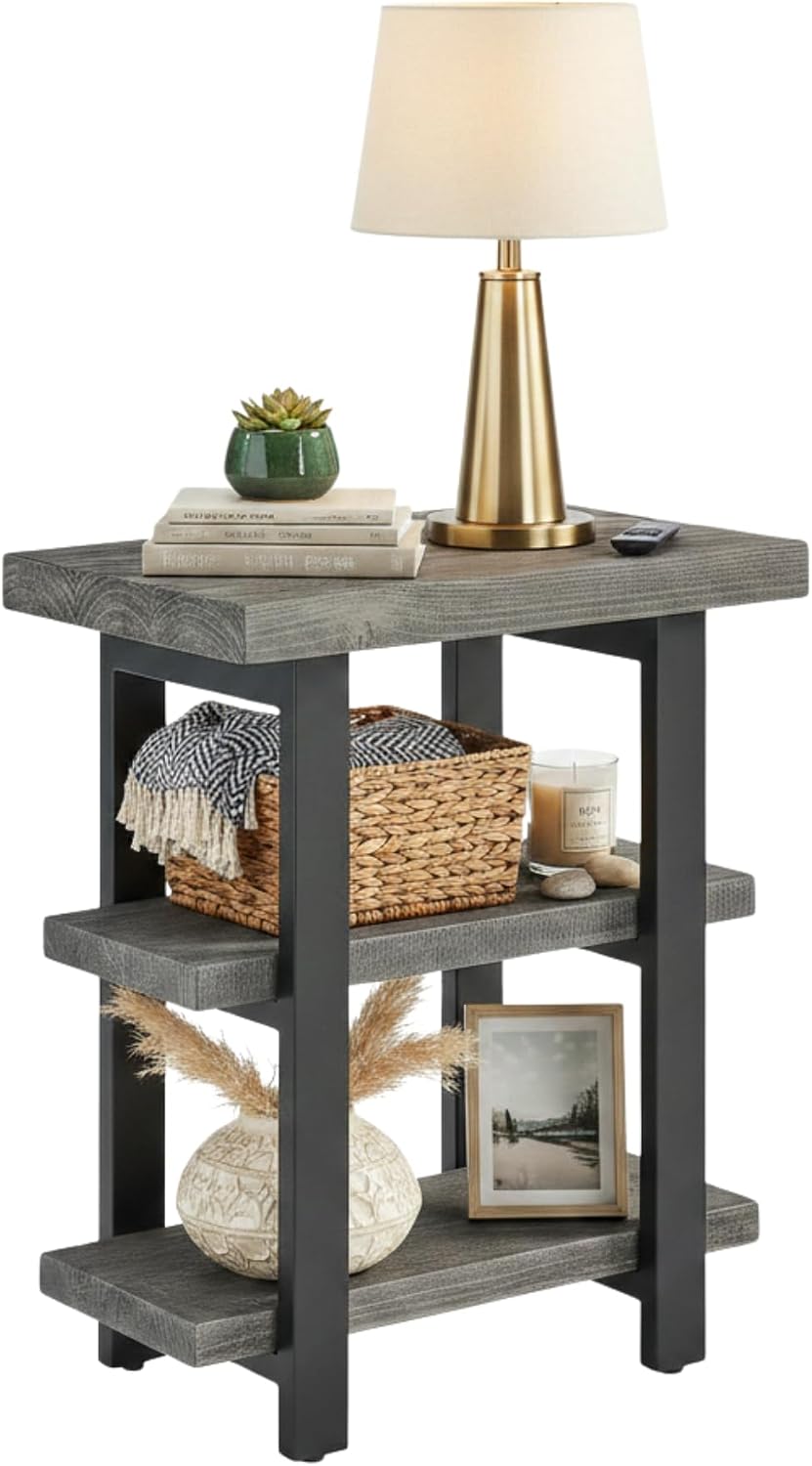 Alaterre Furniture Pomona Solid Wood 2-Tier End Table, Rustic Brown, 27” | Nightstand with Storage Shelf and Metal Legs, Industrial Farmhouse Chair Side Table for Living Room or Bedroom