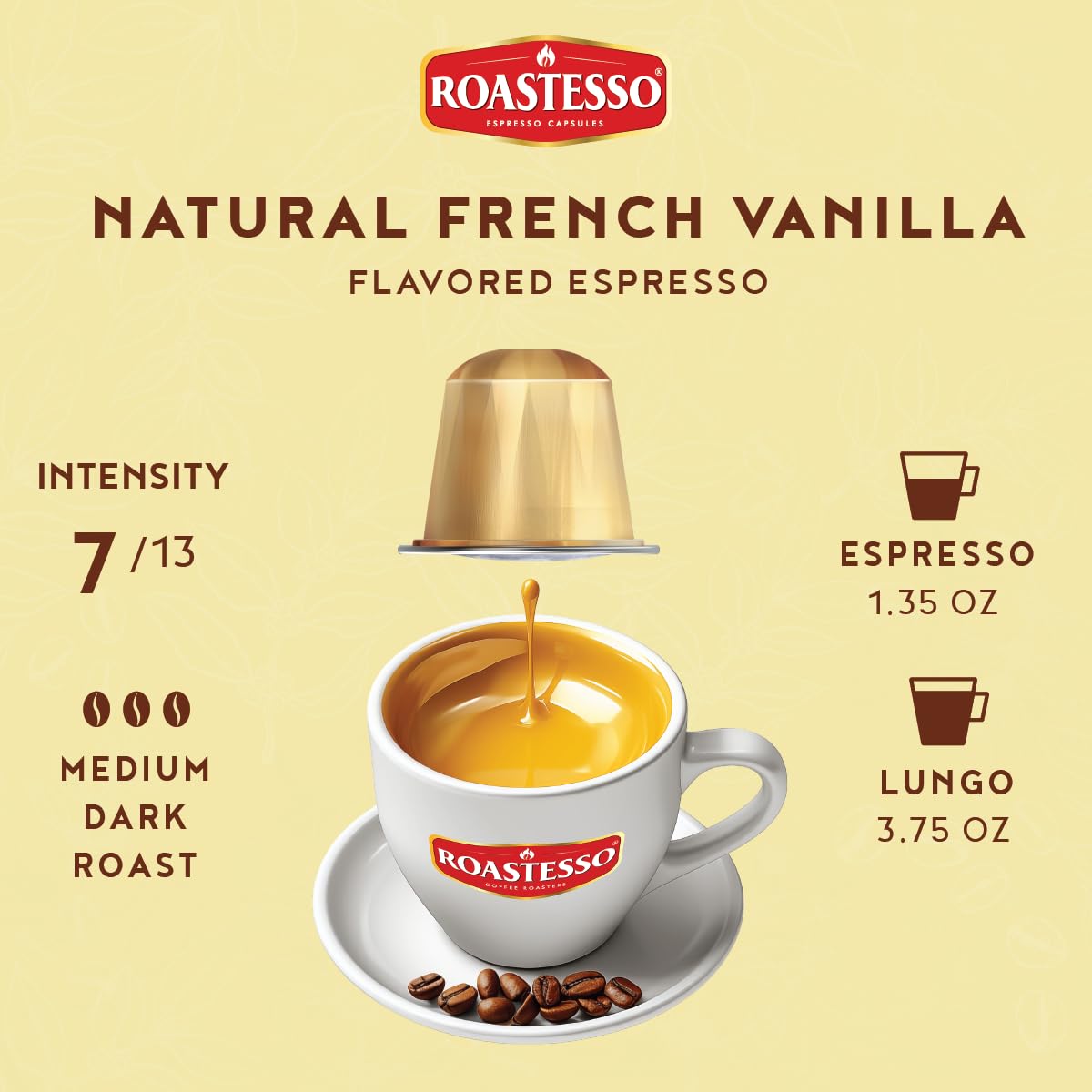 Roastesso, Aluminum Espresso Capsules, Flavors Variety Pack, Natural Flavored Coffee Pods with French Vanilla, Caramel, Chocolate & Hazelnut