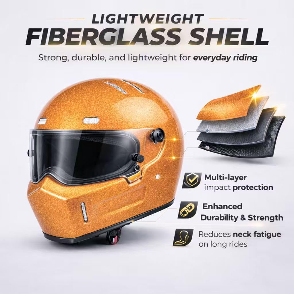 CRG Sports Retro Full Face Motorcycle Helmet, DOT Approved Fiberglass Street Bike Helmet with Clear Visor, Lightweight Cafe Racer Cruiser Motorcycle Helmet