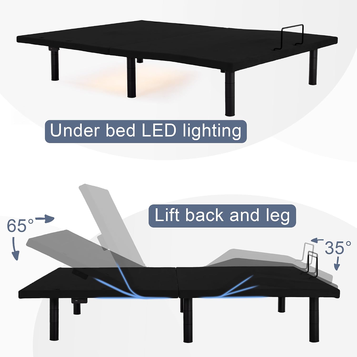 Fromann Adjustable Electric Twin XL Bed Base Frame with Massage, USB Type-C Ports, Zero Gravity, Under Bed Led Lighting and Three Leg Height (Black)