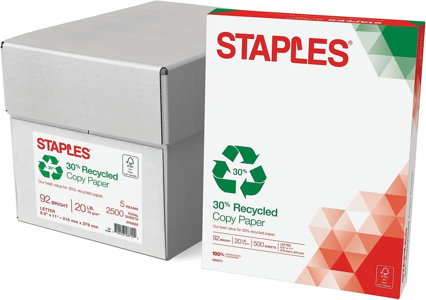 Staples 30% Recycled 8.5-Inch X 11-Inch Copy Paper 20 Lbs 92 Brightness 500/Ream, For Office, School & Home