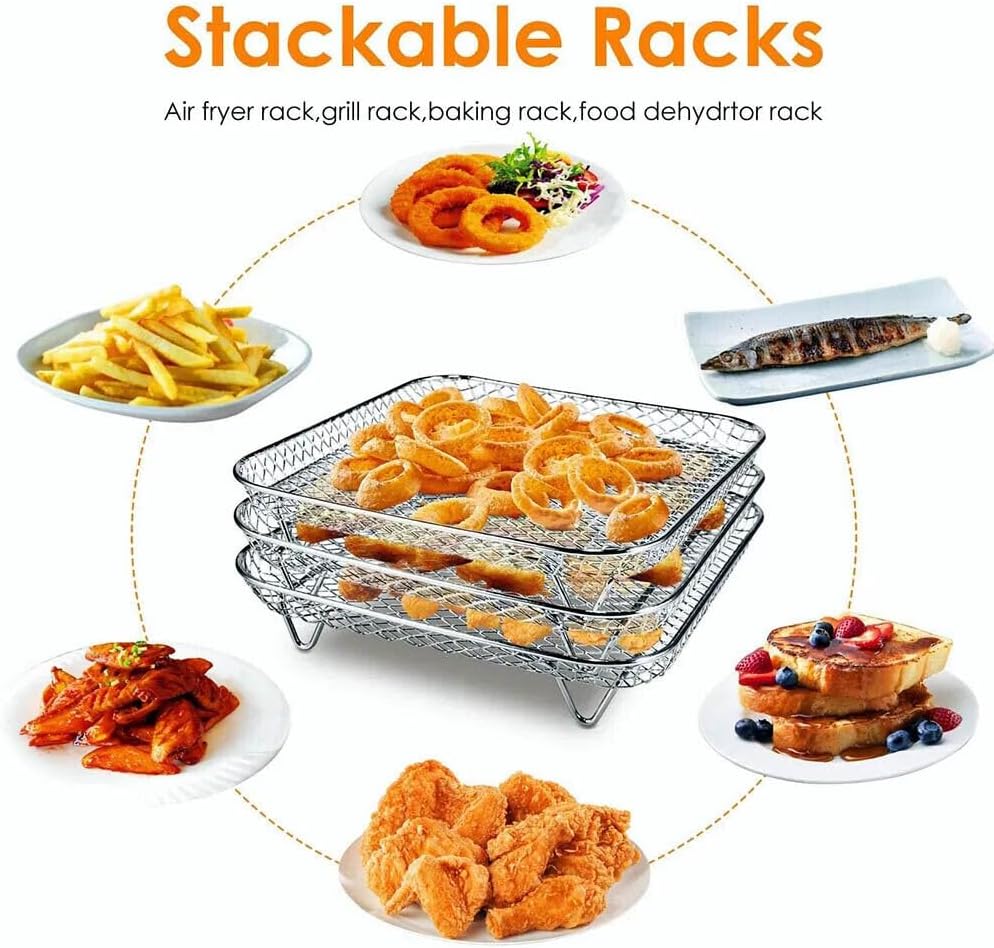 7 Inch Air Fryer Rack Compatible with Ninja Crispi/Ninja Pro 5QT/ Cosori 5QT/ Chefman 5-6QT/ Instant Pot 4Qt Vortex Air fryer &More, 3pcs Stackable Stainless Steel Air fryer Basket with 8 Silicon Feet