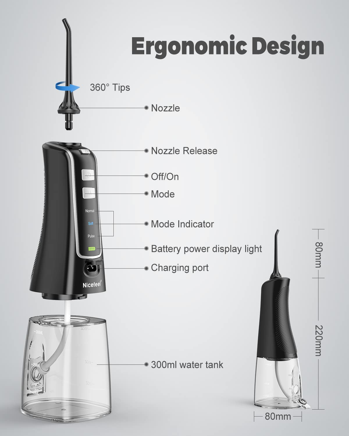 Nicefeel Cordless and Rechargeable Water Flosser - 300ML Water Tank Oral Irrigator, 4 Jet Tips