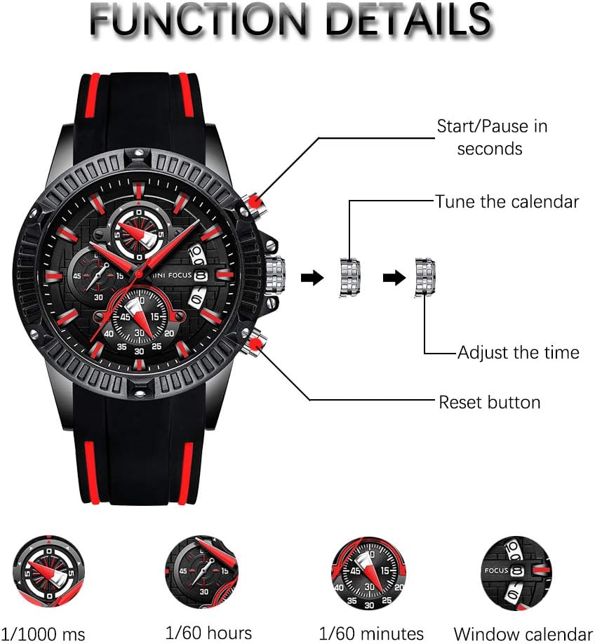 MF MINI FOCUS Men Watch, Chronograph Waterproof Sport Analog Quartz Watches Blue Silicon Strap Fashion Wristwatch for Men