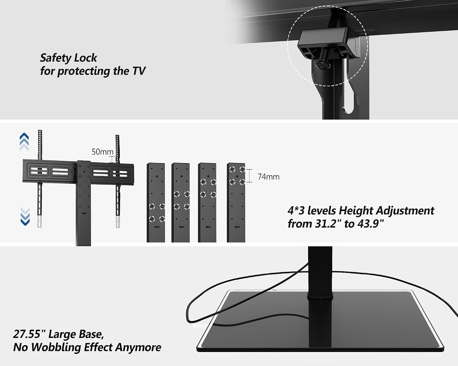 FITUEYES Universal TV Stand with Swivel Mount for 50-85 inch Flat Screens - Height Adjustable Tempered Glass Base Holds up to 143 lbs