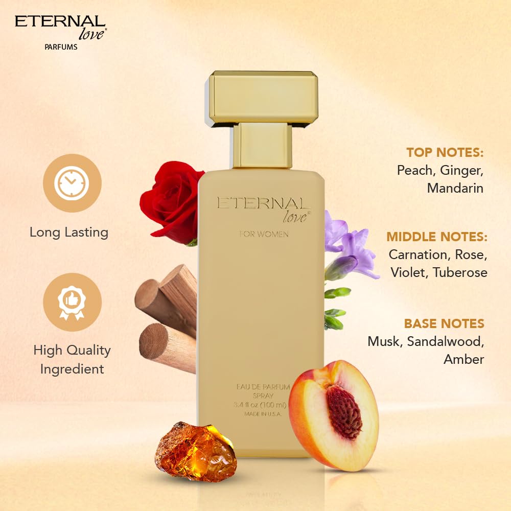 Eternal Love for Women - Long Lasting Eau de Parfum Spray - Premium Floral Fragrance with Peach & Sandalwood - Soft Feminine Scent - 3.4oz
