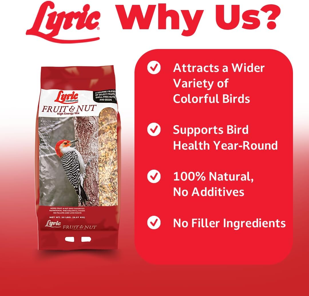 Lyric Fruit and Nut Wild Bird Seed - High Energy Wild Bird Food Mix - Attracts Woodpeckers, Chickadees & Other Songbirds -5 lb. Bag | Attracts Woodpeckers, Chickadees and other songbirds