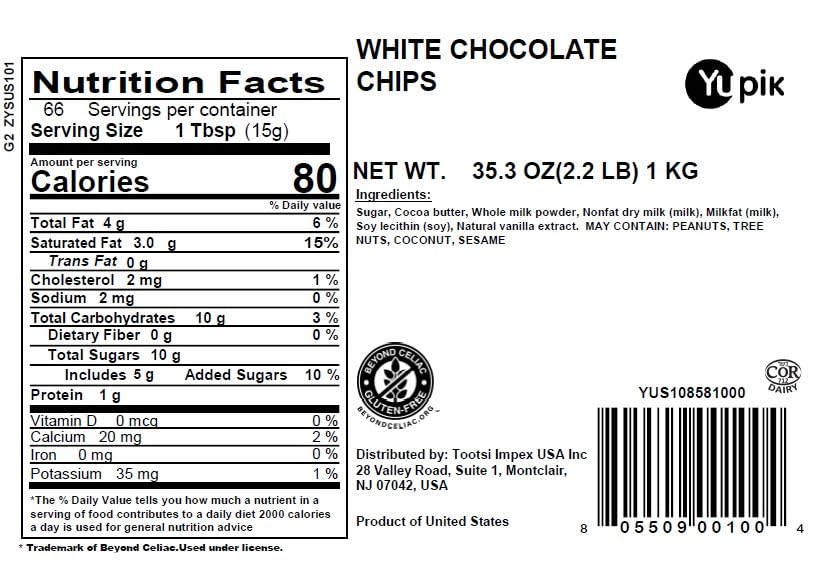 Yupik White Chocolate Chips, 2.2 lb (35.2 oz), Gluten-Free, Kosher, Small Size, Made with Cocoa Butter, Sweet Flavor, Melts Smoothly, Ideal for Baking, Snacking & Topping