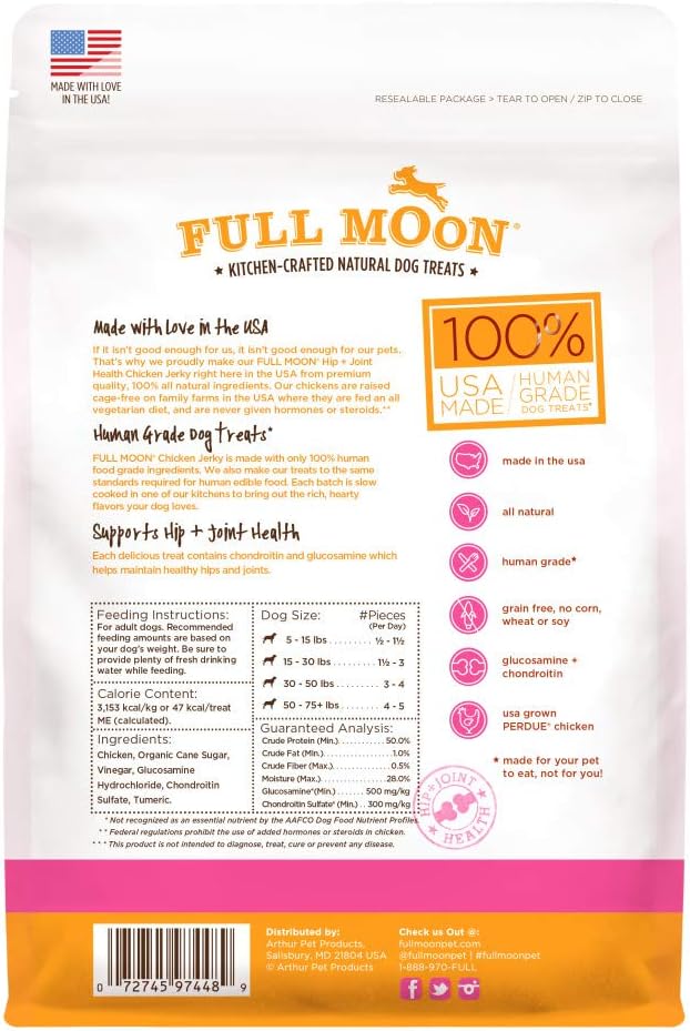 Full Moon® Chicken Jerky Hip And Joint Dog Treats 12 oz | Made withchondroitin, glucosamine and turmeric, Human Grade, No corn, No wheat, No soy, Glycerin Free, Made in the USA