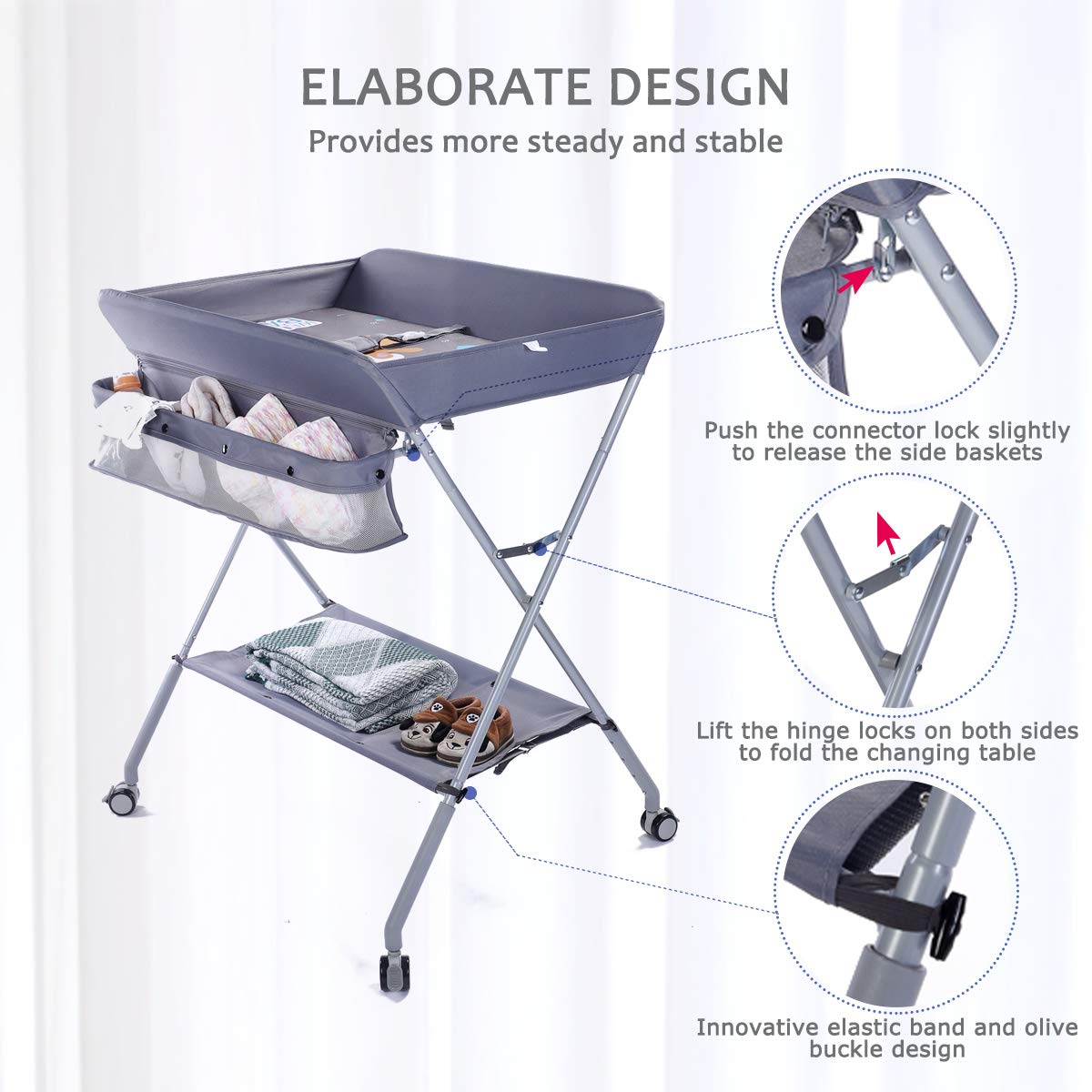 Baby Changing Table Portable Folding Diaper Changing Station with Wheels