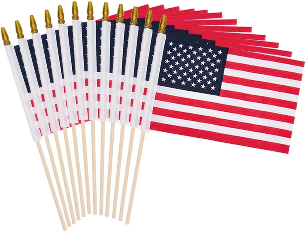 12 Pack Small American Flags on Stick Small US Flags/Mini American Flags for Outside 4x6 Inch American Hand Held Stick Flags with Kid-Safe Spear Top
