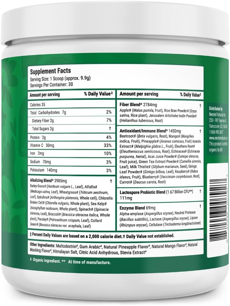 Nested Naturals Super Greens Daily Superfood Powder - Certified USDA Organic Green Powder w/20+ Whole Foods, Spirulina Powder,Wheat & Barley Grass - Probiotics, Fiber & Enzymes - Original Flavour, 30