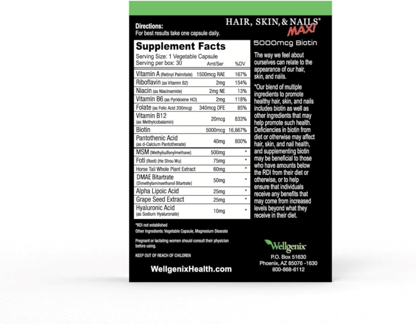 Wellgenix Purvana MAX Hair Skin and Nails Supplement – 5000mcg Biotin with MSM & B-Complex – Support for Thicker Hair, Stronger Nails & Glowing Skin – 30 Veggie Capsules | Biotin, MSM & hyaluronic acid in vegetable capsules for thicker, fuller hair, stro…