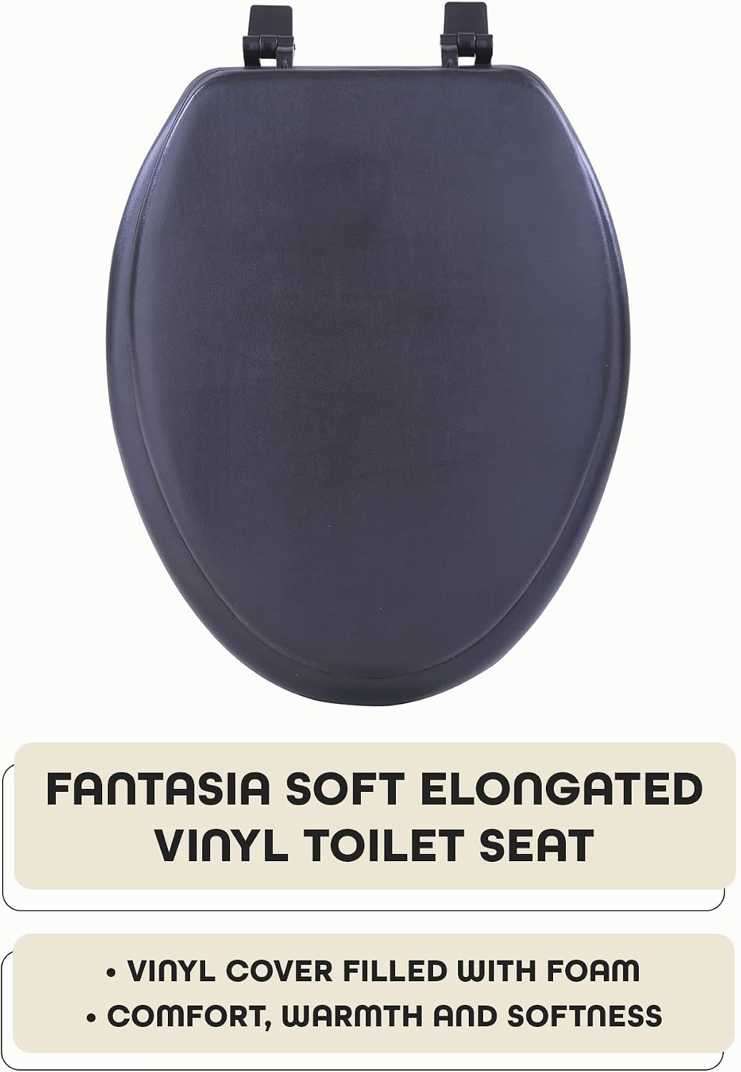 Soft Elongated Vinyl Toilet Seat, Black - 19 Inch Soft Vinyl Cover with Comfort Foam Cushioning - Fits All Elongated Size Fixtures - Easy to Install Fantasia by Achim Home Decor