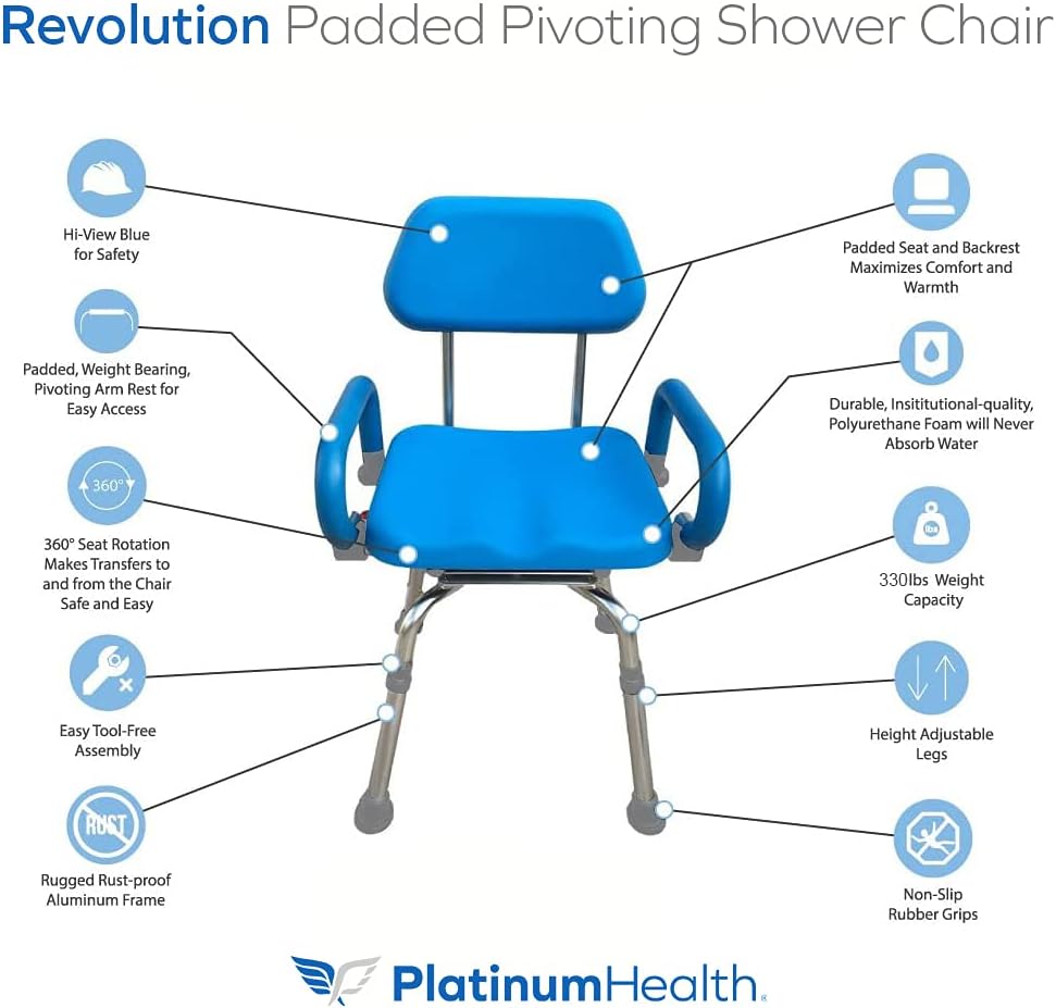 Swival Shower Chair with Padded seat for Inside ShowerFor Senior, Bath Seat | Sit Securely While Bathing - Blue, padded seat, padded armrests, swivel seat, tool-free assembly, 600 lb