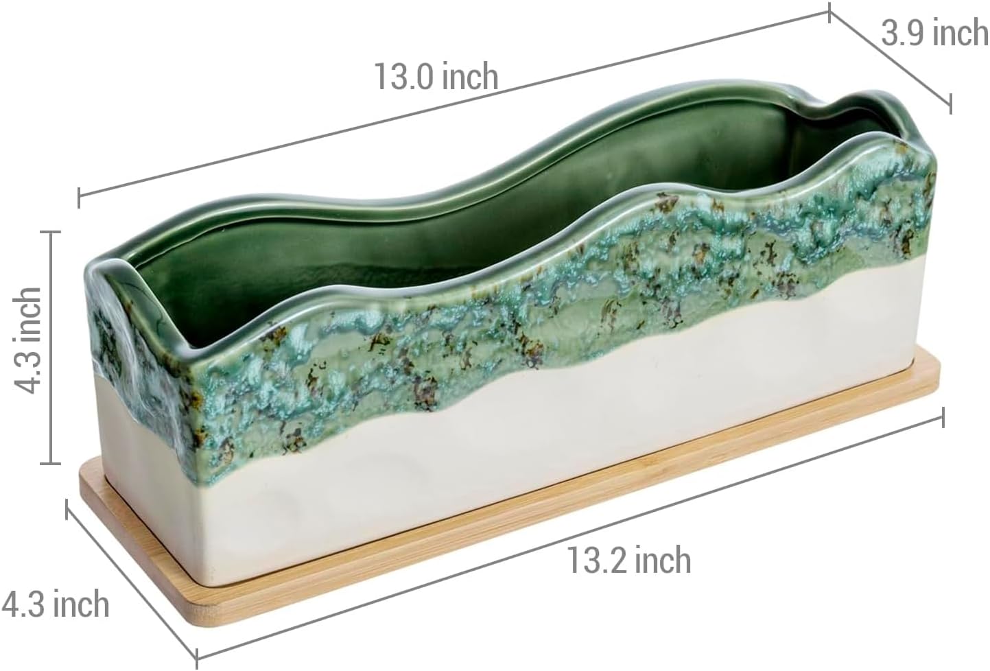MyGift Beige Green Ceramic Glazed Rectangular Succulent Planter Pot