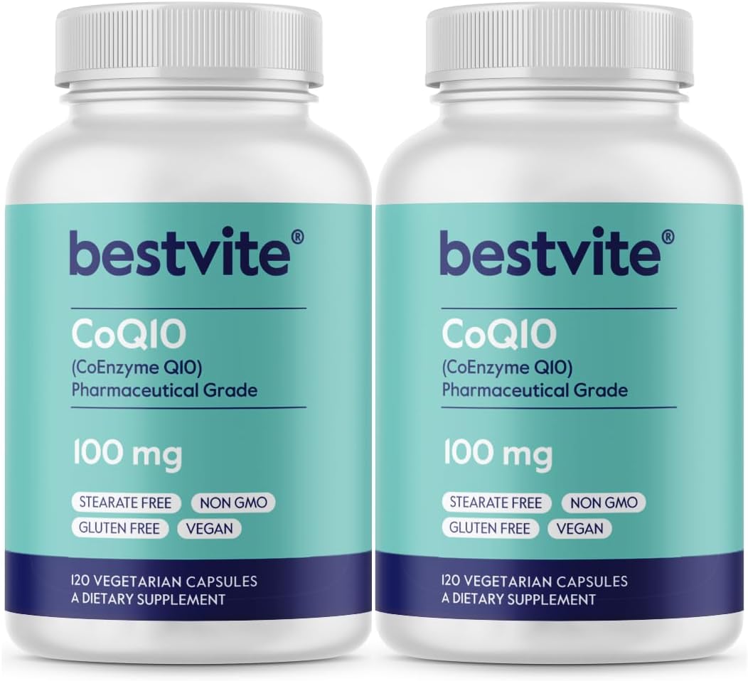 BESTVITE Coenzyme CoQ10 100mg (120 Vegetarian Capsules) Naturally Fermented - No Stearates - No Fillers - Vegan - Non GMO - Gluten Free | Vegan - Gluten Free - Non GMO - Coenzyme Q10 Supplement - Antioxidant for Heart & Energy Support* - Easy to Swallow…