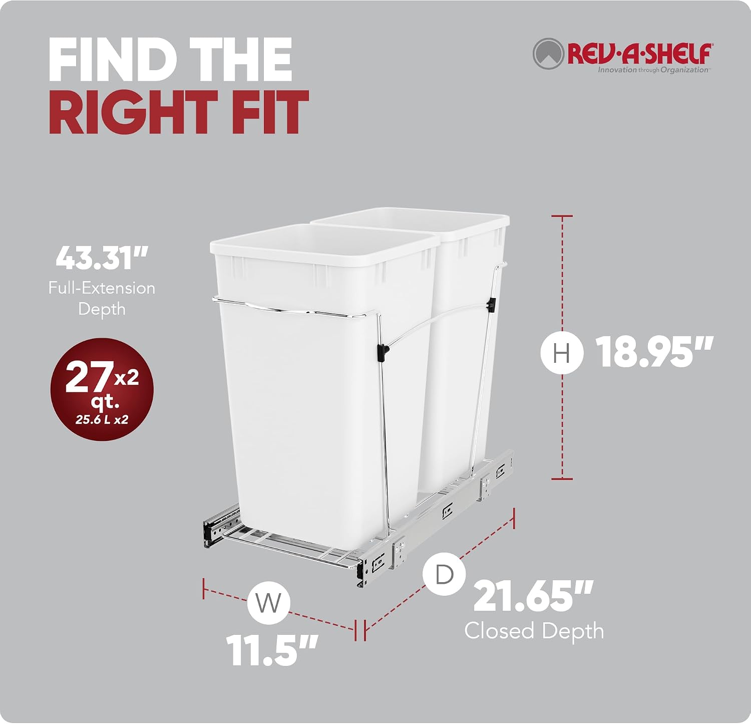 Rev-A-Shelf Double 27 Qt Pullout Trash Can for Base Kitchen Cabinets, Garbage Waste Bin System with Full Extension Slides, Min Opening Width of 11.5", Metallic Silver, RV-15KD-17C S