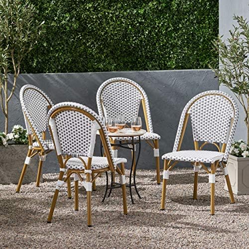 Christopher Knight Home Philomena Outdoor French Bistro Chair (Set of 4), Black + White + Bamboo Print Finish