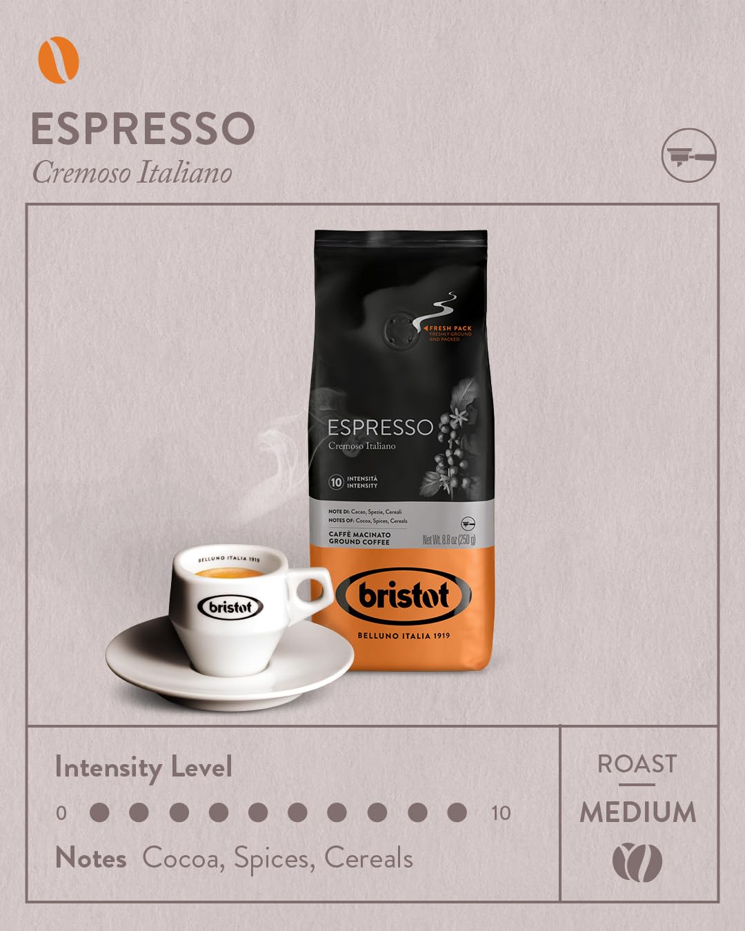 Bristot Espresso Cremoso Italiano Ground Coffee – Medium Roast, Rich & Smooth – 8.8oz (250g) Bag – Italian Ground Espresso for Home Machines
