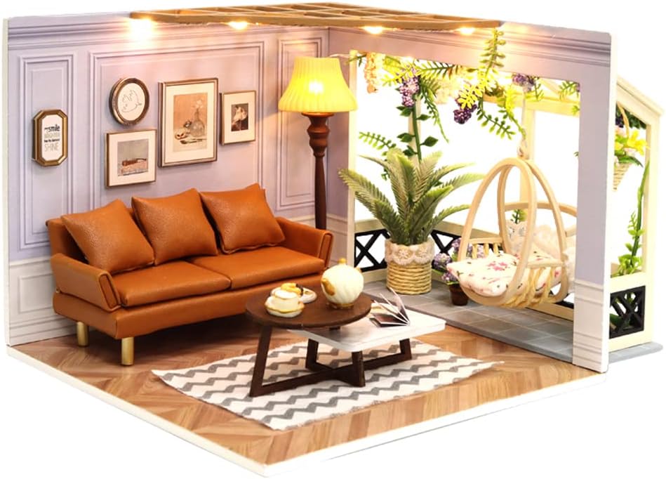DIY Miniature Dollhouse Kit with Furniture Plus Dust Proof | 1:24 Scale Creative Room Mini Wooden Doll House Accessories for Kids Teens Adults Aged 14+(Beach Cottage)