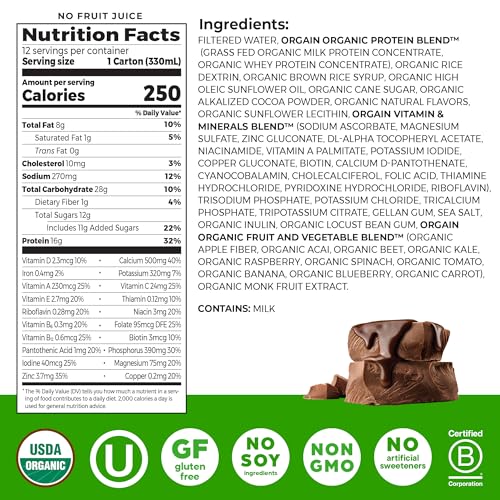 ORGAIN Organic Creamy Chocolate Fudge Shake 12 Pack, 11 FZ | Ready to drink grass-fed dairy protein, meal replacement, 20 vitamins & minerals, fruits & vegetables, non-GMO, gluten-free