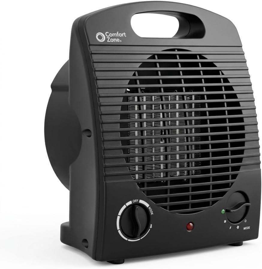 Comfort Zone Indoor Space Heater, Portable, Fan Forced, Electric, Adjustable Thermostat, Overheat Sensor, Safety Tip-Over Switch, & Stay Cool Housing