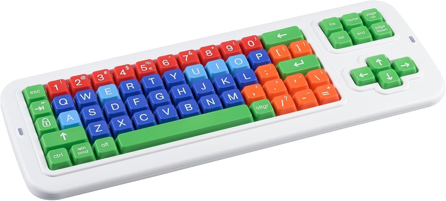 Clevy Keyboard Tri-Mode Uppercase - Kids Uppercase USB & Blutooth Compatible Colorful Spill Proof Keyboard for Early Education - Designed to Help Teach Computer and Keyboard Skills to Children