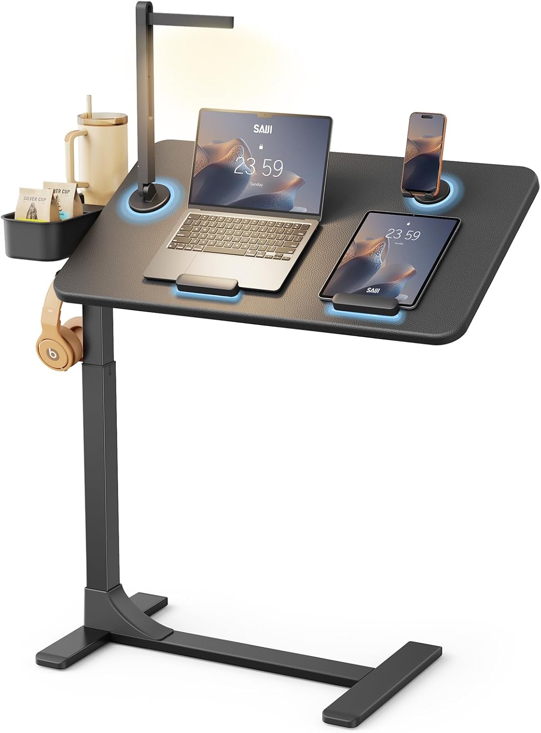 SAIJI Magnetic Height and 360° Angle Adjustable Overbed Bedside Table Tray | Lengthened Over Bed Desk with Wheels