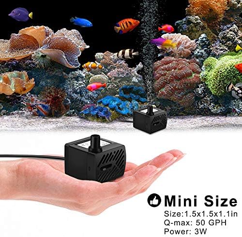 50GPH 3W Mini Submersible Water Pump with 3.3 FT Tubing for Aquariums, Fish Tank, Pond, Fountain, Hydroponics