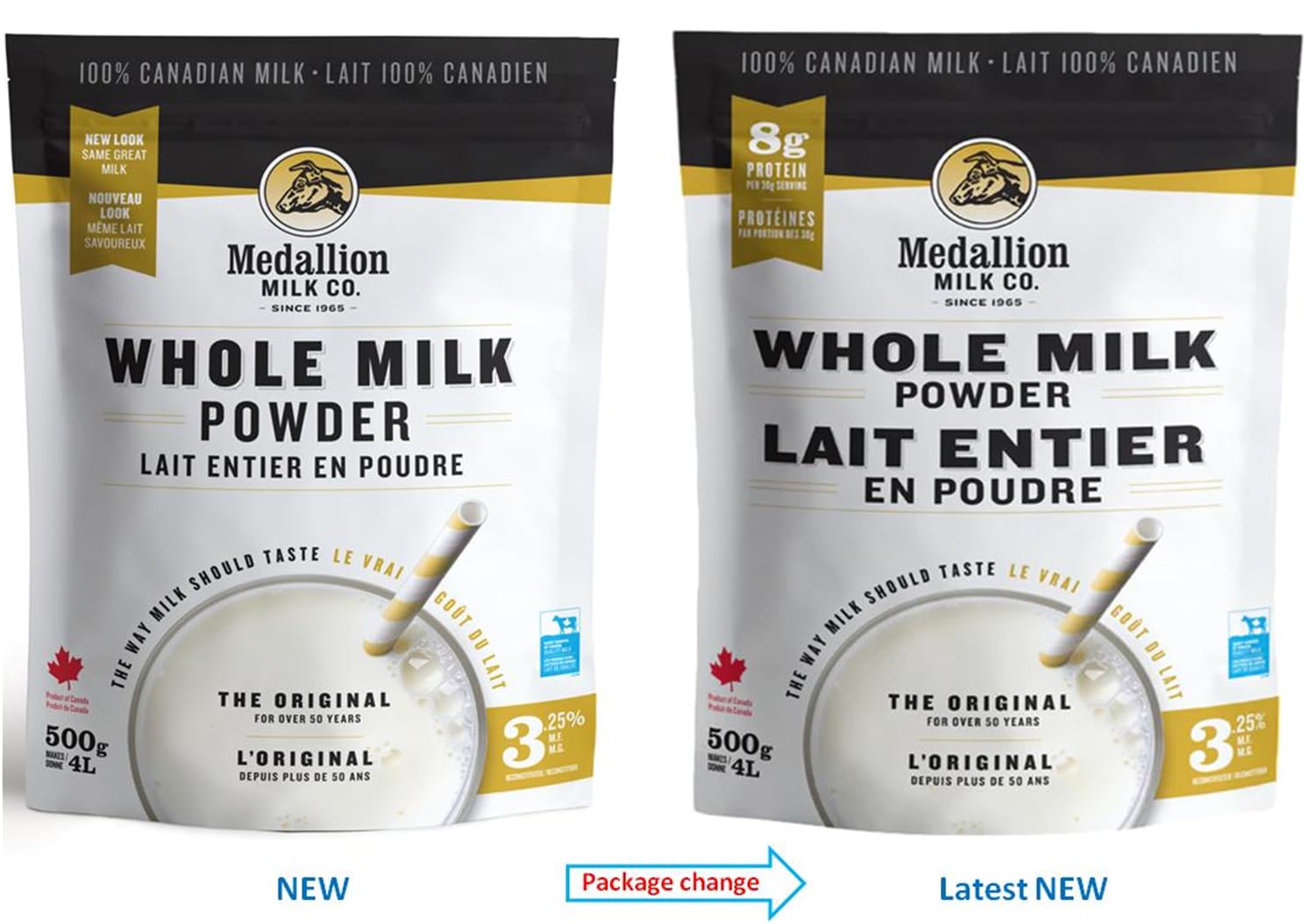 Medallion Brand Whole Milk Powder 500g 2 Pack - Dried Milk from Canada, Free of Antibiotics, No rbST or rBGH