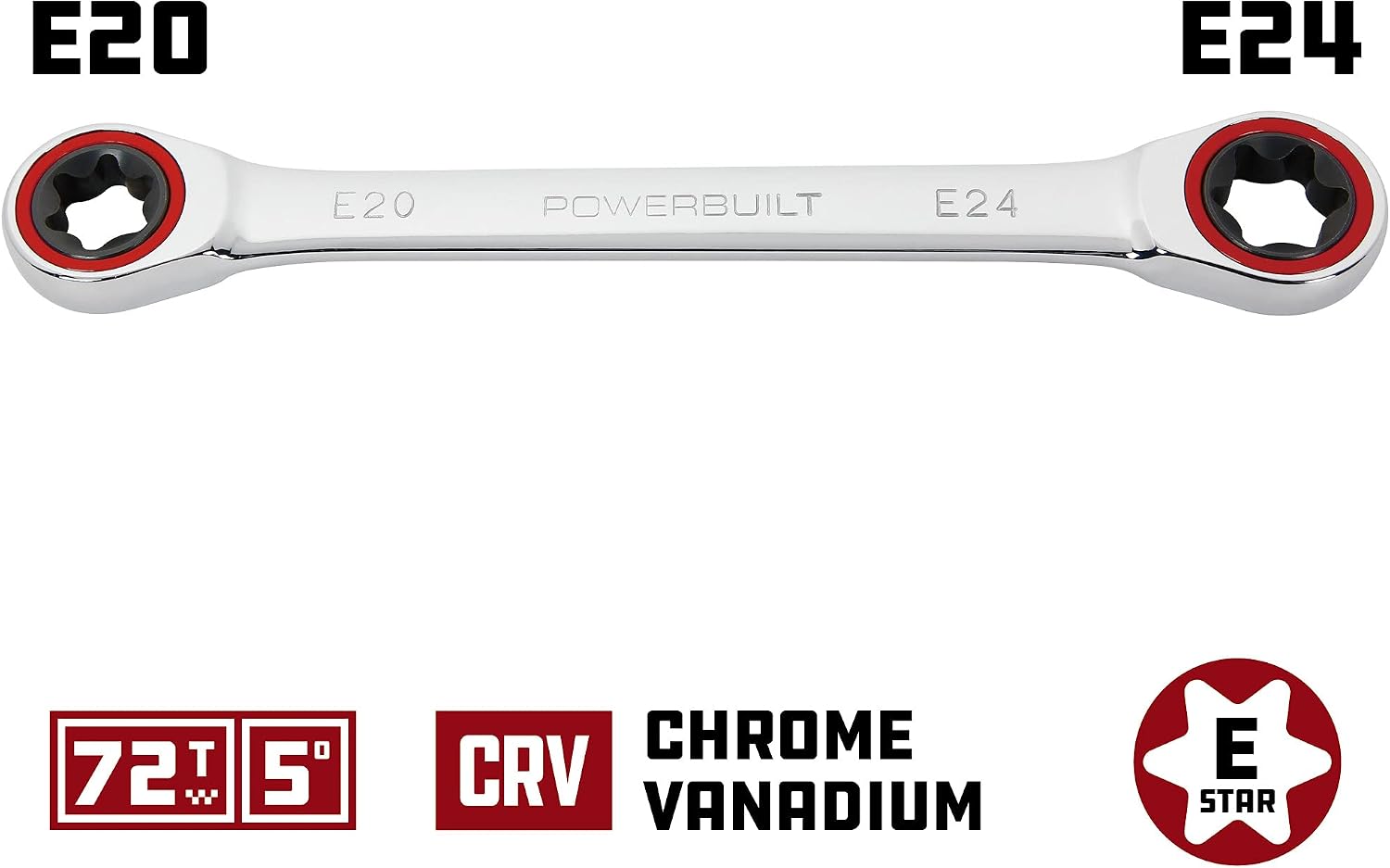 Powerbuilt E10/E12 Ratcheting Double Box-End E-Torx E-Star Wrench, 72-Tooth Ratcheting Wrench with 5-Degree Swing for Tight Spaces - 641760