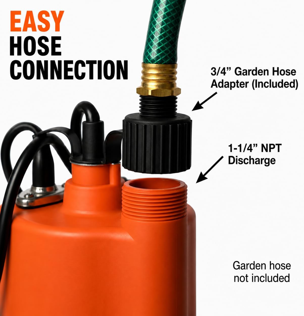 1/3 HP Submersible Utility Pump, 2400 GPH, Auto Float Switch | Drains to 1/4 in., 3/4 in. GHT adapter included, For basements