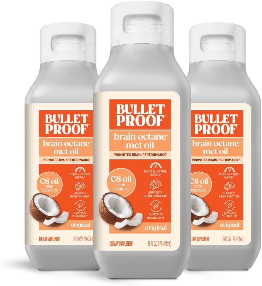 Bulletproof Brain Octane C8 MCT Oil, Non-GMO, 16 oz – 100% C8 from Coconut | 100% Pure Coconut Oil, Triple-Distilled Keto Energy Supplement for Coffee & Smoothies, Unflavored, No Additives, Non-GMO