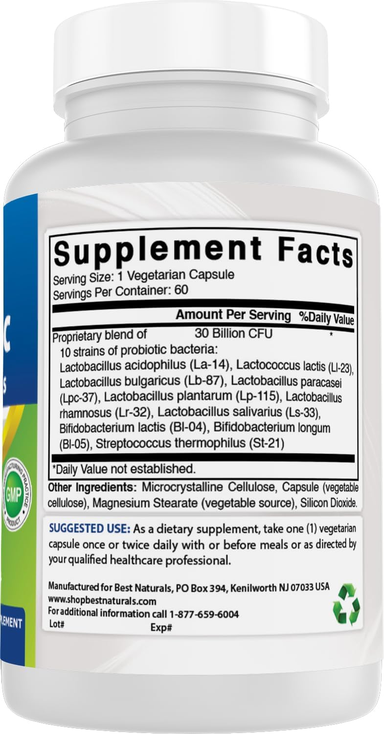 Best Naturals Probiotic 10 Strains & 30 Billion CFU Intestinal Flora, 60 Veggie Capsules (60 Count (Pack of 1))
