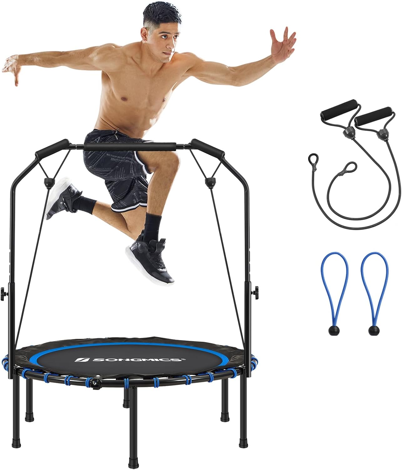 SONGMICS 40 Inches Mini Fitness Trampoline, Fitness Rebounder with Adjustable Handrail, Foldable Trampoline for At-Home Workout, Max. Load 264.6 lb