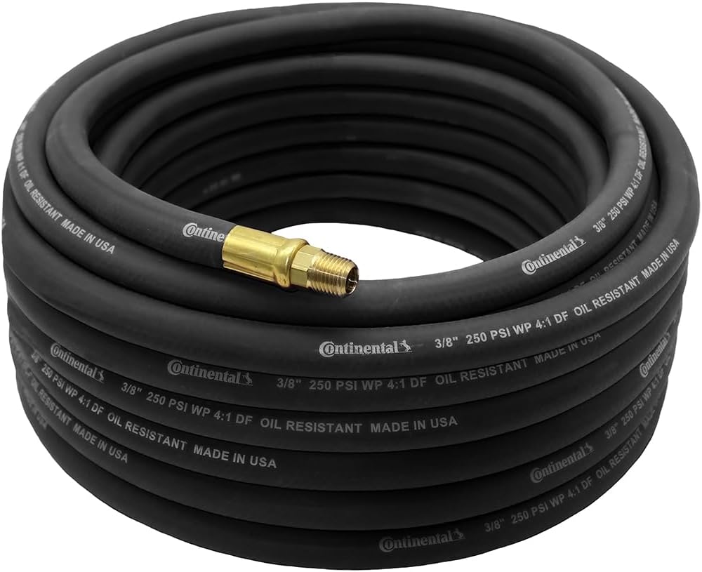 Continental 50' x 3/8" Red Rubber Air Hose - Working Pressure: 250 PSI - Burst Pressure: 1070 PSI - 100% Brass 1/4" NPT Fittings - Made in USA