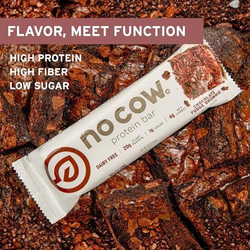 No Cow Chocolate Fudge Brownie Vegan Protein Bars, 12 Pack | 20g High Plant-Based Protein, High Fiber, Low Sugar, Gluten-Free, Dairy-Free, Soy-Free