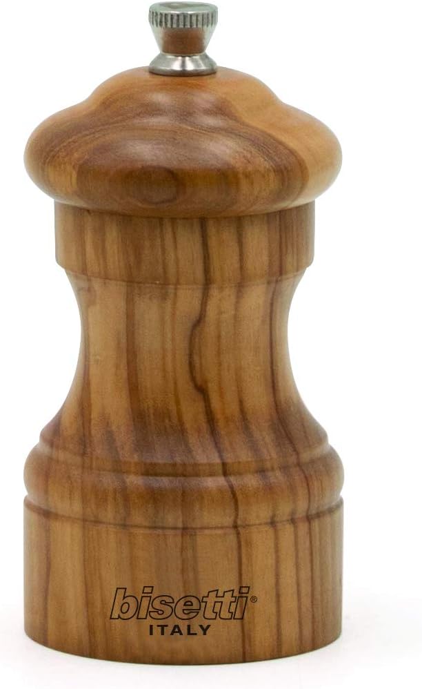 Bisetti Imperia 4 Inch Olive Wood Salt Mill With Adjustable Ceramic Grinder, Made in Italy
