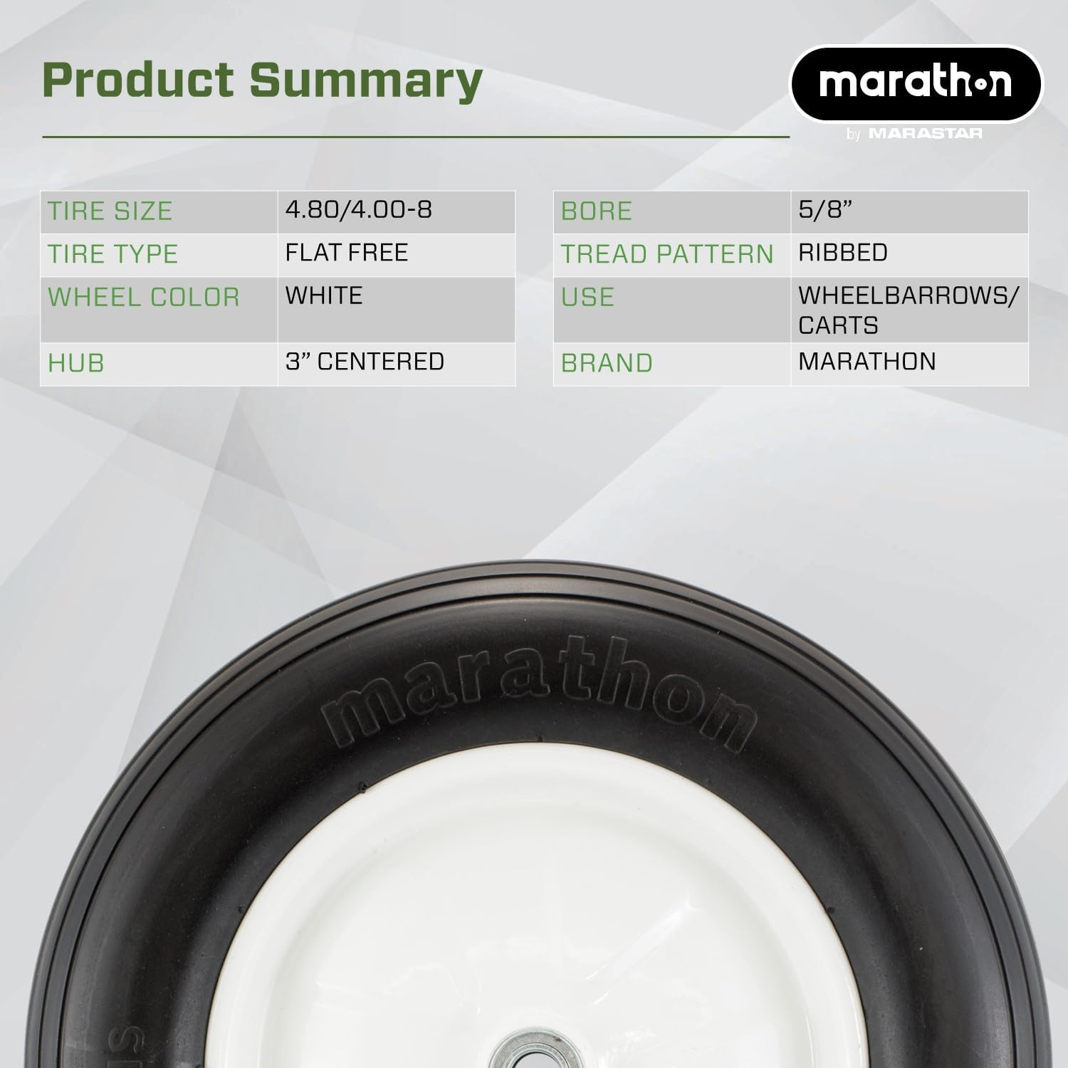 Marathon 4.80/4.00-8" Flat Free Tire on Wheel, 3" Hub, 5/8" Bearings, Ribbed Tread
