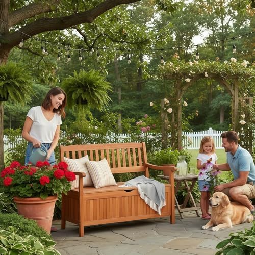 Tangkula Outdoor Wood Storage Bench Deck Box, Entryway Porch Storage Bench with Inner Removable Dust-Proof Lining & Portable Handles