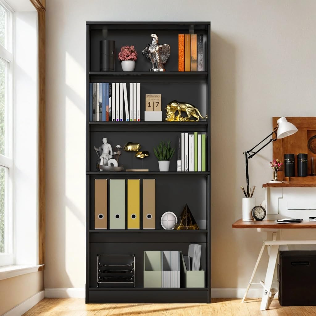 holzart 71" Tall Book Shelf, 5 Tier Large Bookshelf, Standing Wood Display Book Shelf for Living Room, Office, Library with Doors, 31.5" W x 70.87" H x 11.81" D, White