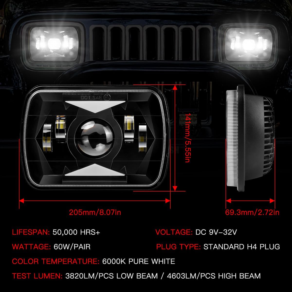 5x7 LED lights Dot Approved Rectangle 7x6 LED 2PCS with Hi/Low Sealed Beam For Trucks Jeep Cherokee XJ Ford Van Replacement 6054 H5054