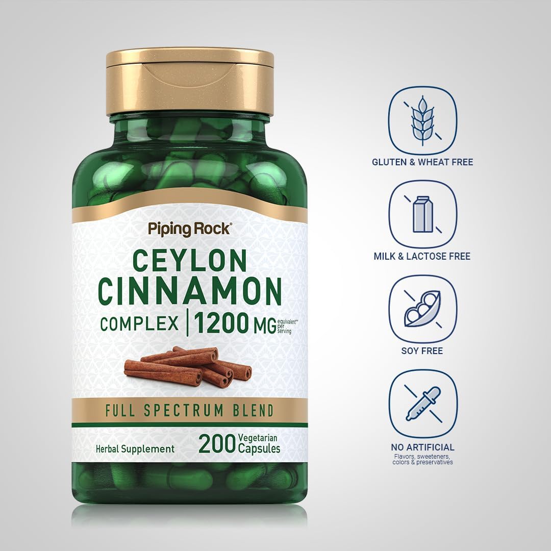 Piping Rock Ceylon Cinnamon Capsules | 200 Count | Complex Herbal Extract Supplement for Women and Men | Vegetarian, Non-GMO, Gluten Free