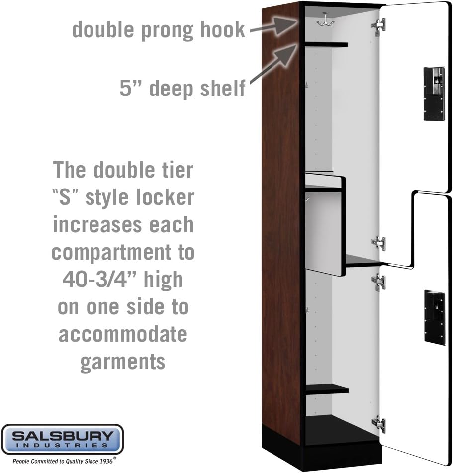Salsbury Industries 2-Tier S-Style Extra Wide Designer Wood Locker with One Wide Storage Unit, 6-Feet High by 18-Inch Deep, Mahogany