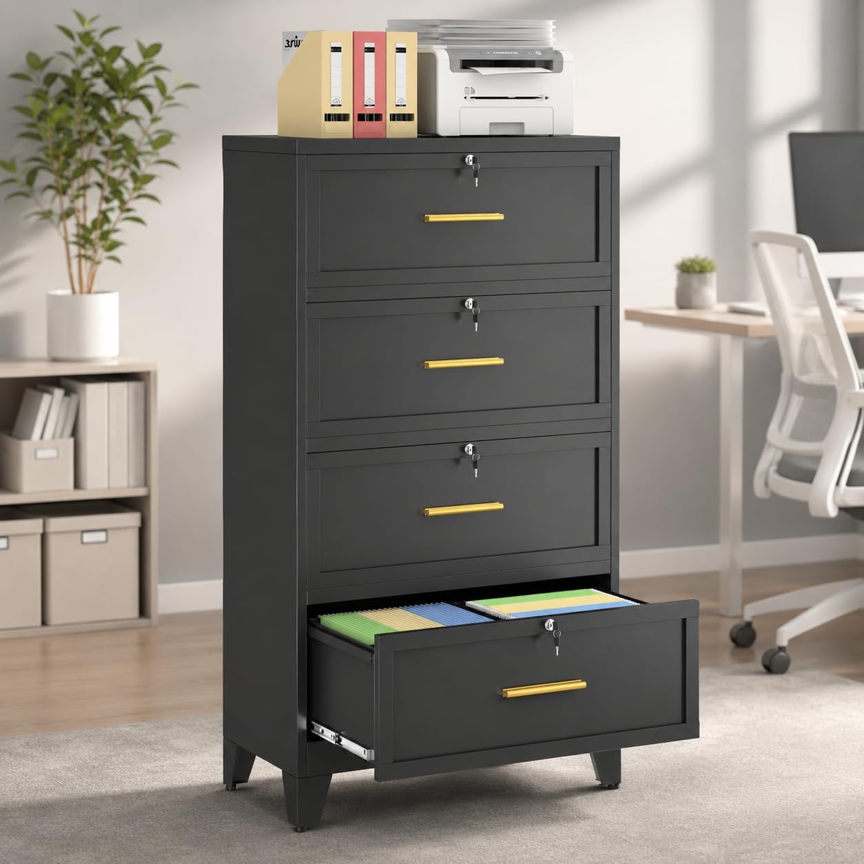 3 Drawer File Cabinet, Office Mobile Filing Cabinet, Printer Stand | All-in-One Office Storage, 3 Storage Drawers, 2 Adjustable Shelves, Lockable Cabinet, 4 Casters, 46.5-Inch Top