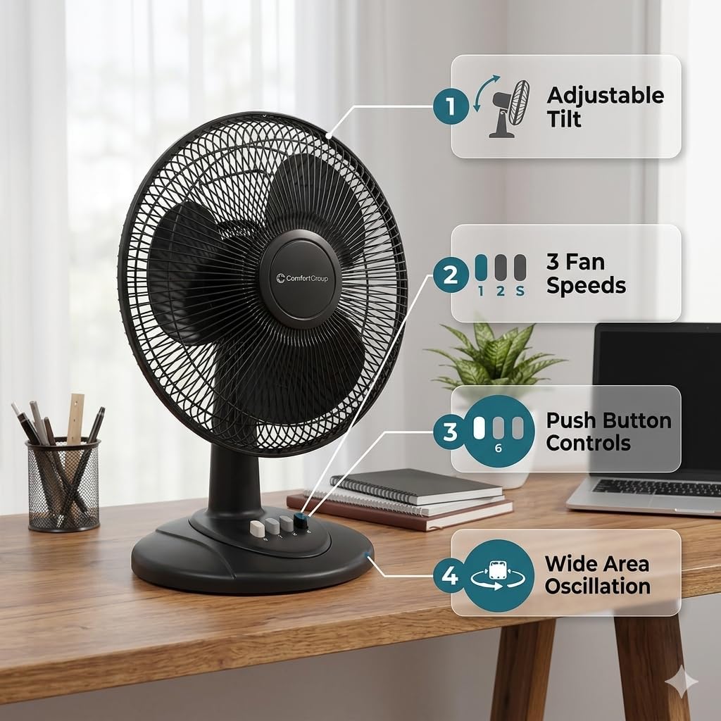 Comfort Zone 12 inch Table Fan with Adjustable Tilt, Wide Area Oscillation, Quiet Air Circulator Fan For Bedroom, 3 Speed Desktop Fan for Home Office, Push Button Controls, White